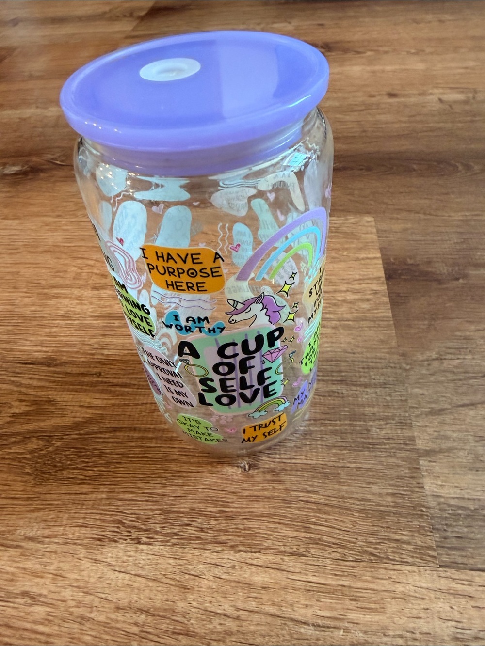 Stickery Glass Jar with Lavender Lid - 'A Cup of Self Love'